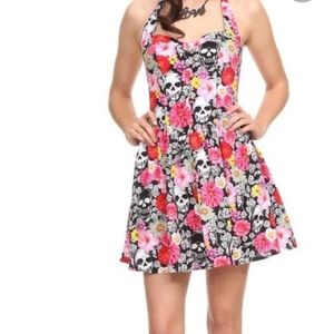 Hell Bunny Halter Top Floral Skulls Dress  2X